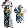 Personalized Gold Coast Titans Couples Matching Off Shoulder Maxi Dress and Hawaiian Shirt Dynamic Lightning Mascot Rugby Australia