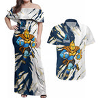 Personalized Gold Coast Titans Couples Matching Off Shoulder Maxi Dress and Hawaiian Shirt Dynamic Lightning Mascot Rugby Australia