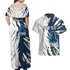 Personalized Gold Coast Titans Couples Matching Off Shoulder Maxi Dress and Hawaiian Shirt Dynamic Lightning Mascot Rugby Australia