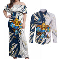 Personalized Gold Coast Titans Couples Matching Off Shoulder Maxi Dress and Long Sleeve Button Shirt Dynamic Lightning Mascot Rugby Australia