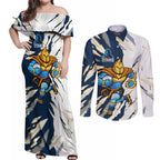 Personalized Gold Coast Titans Couples Matching Off Shoulder Maxi Dress and Long Sleeve Button Shirt Dynamic Lightning Mascot Rugby Australia
