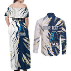 Personalized Gold Coast Titans Couples Matching Off Shoulder Maxi Dress and Long Sleeve Button Shirt Dynamic Lightning Mascot Rugby Australia