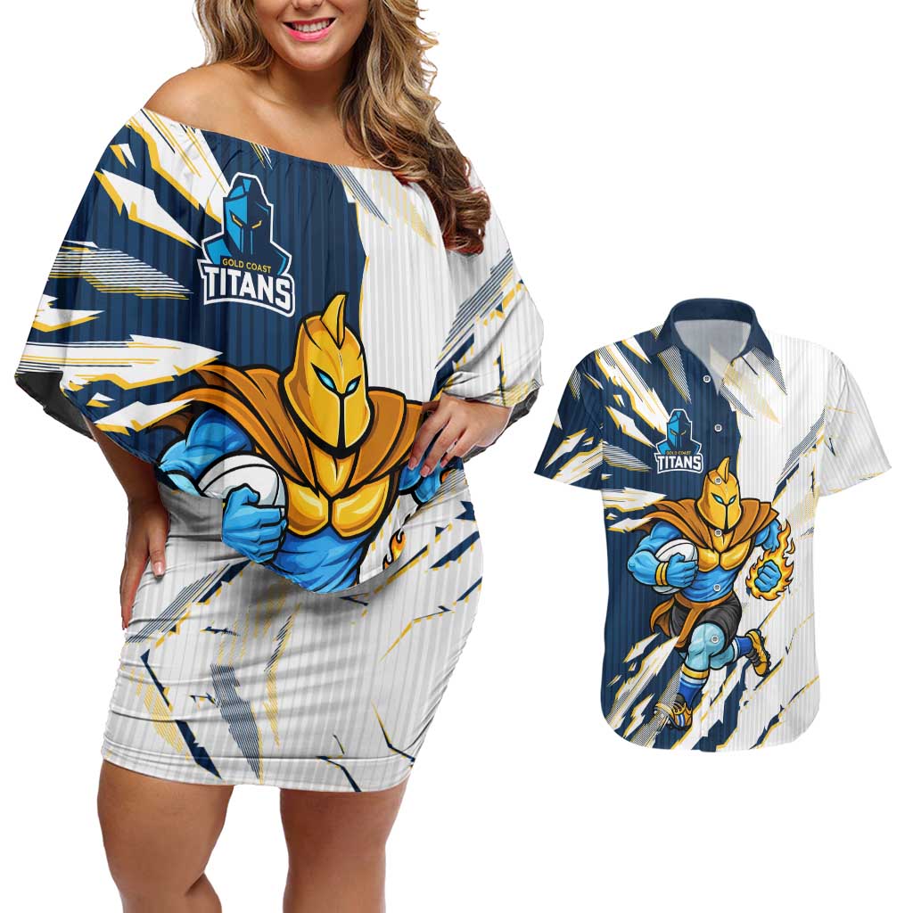 Personalized Gold Coast Titans Couples Matching Off Shoulder Short Dress and Hawaiian Shirt Dynamic Lightning Mascot Rugby Australia