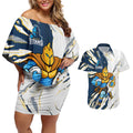 Personalized Gold Coast Titans Couples Matching Off Shoulder Short Dress and Hawaiian Shirt Dynamic Lightning Mascot Rugby Australia