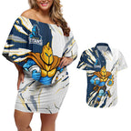 Personalized Gold Coast Titans Couples Matching Off Shoulder Short Dress and Hawaiian Shirt Dynamic Lightning Mascot Rugby Australia