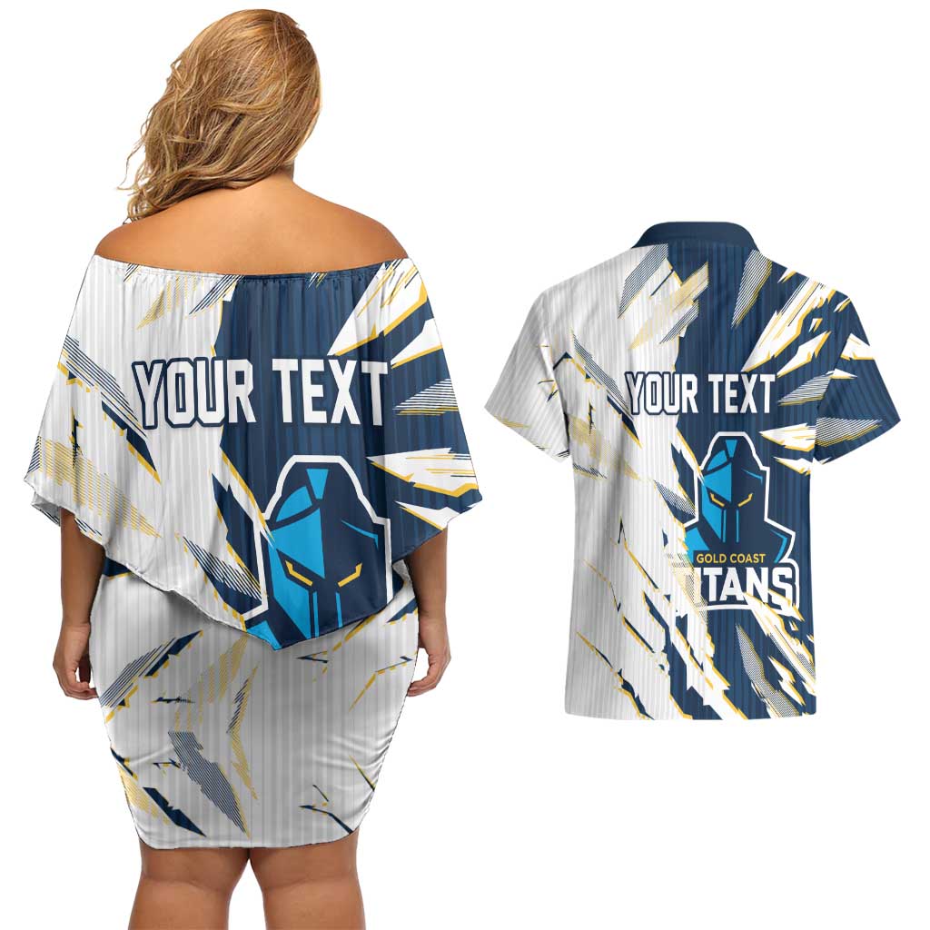 Personalized Gold Coast Titans Couples Matching Off Shoulder Short Dress and Hawaiian Shirt Dynamic Lightning Mascot Rugby Australia
