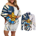 Personalized Gold Coast Titans Couples Matching Off Shoulder Short Dress and Long Sleeve Button Shirt Dynamic Lightning Mascot Rugby Australia