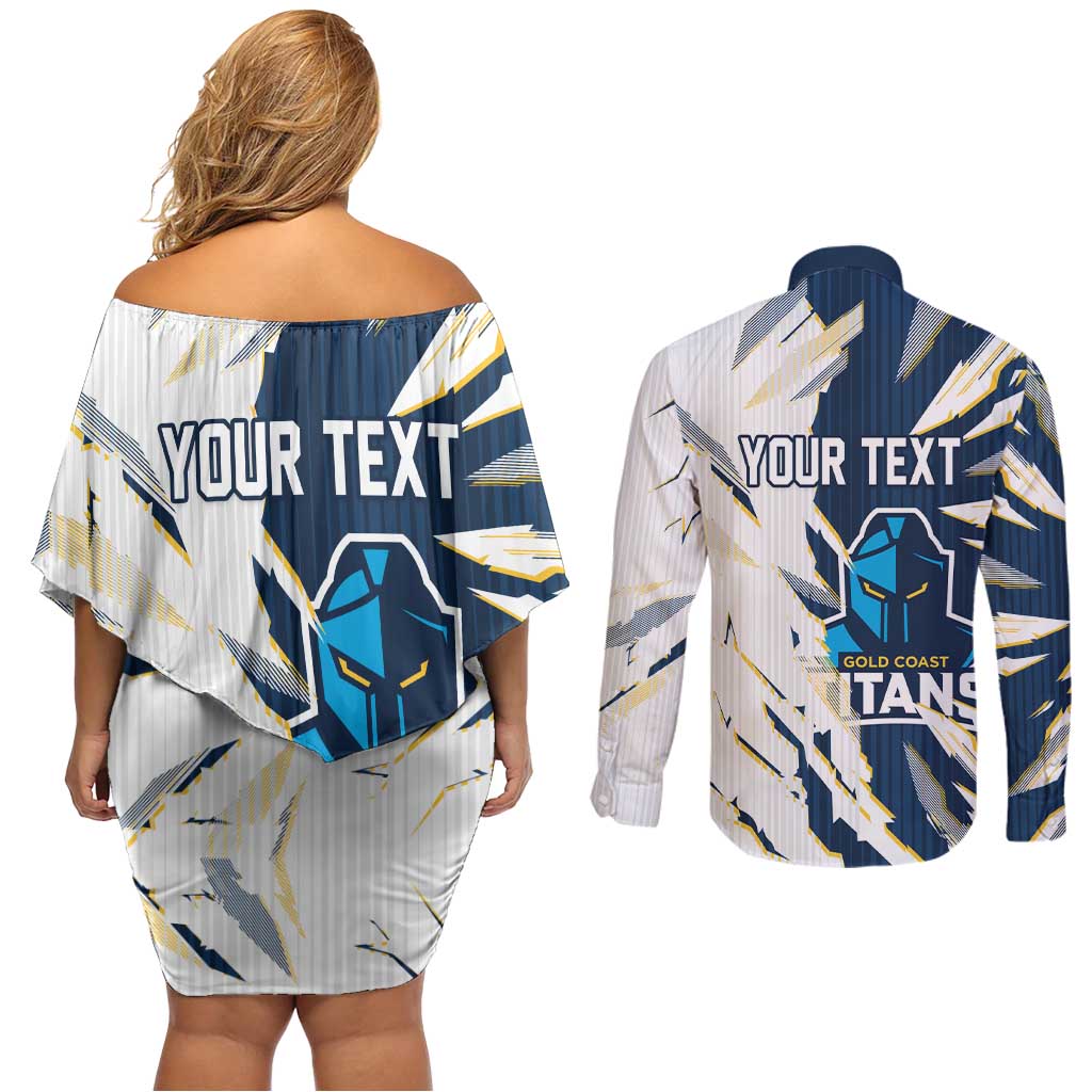 Personalized Gold Coast Titans Couples Matching Off Shoulder Short Dress and Long Sleeve Button Shirt Dynamic Lightning Mascot Rugby Australia