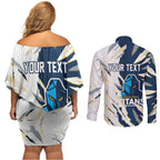 Personalized Gold Coast Titans Couples Matching Off Shoulder Short Dress and Long Sleeve Button Shirt Dynamic Lightning Mascot Rugby Australia