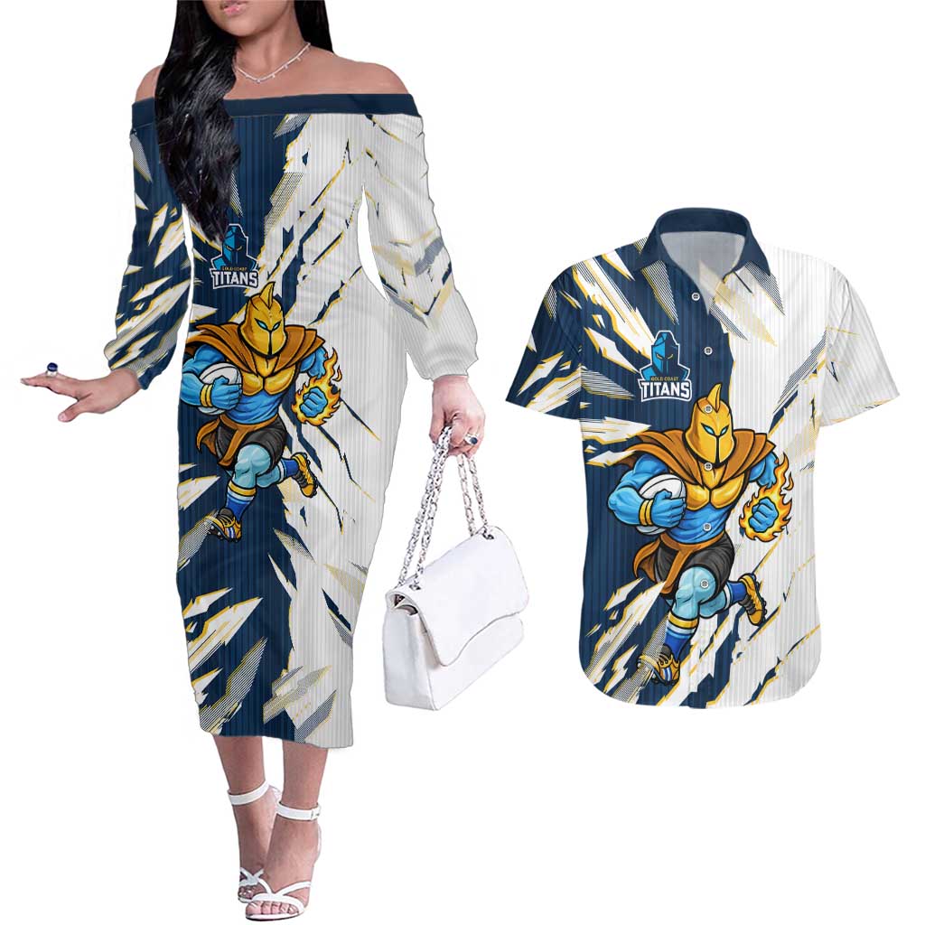Personalized Gold Coast Titans Couples Matching Off The Shoulder Long Sleeve Dress and Hawaiian Shirt Dynamic Lightning Mascot Rugby Australia