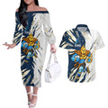 Personalized Gold Coast Titans Couples Matching Off The Shoulder Long Sleeve Dress and Hawaiian Shirt Dynamic Lightning Mascot Rugby Australia