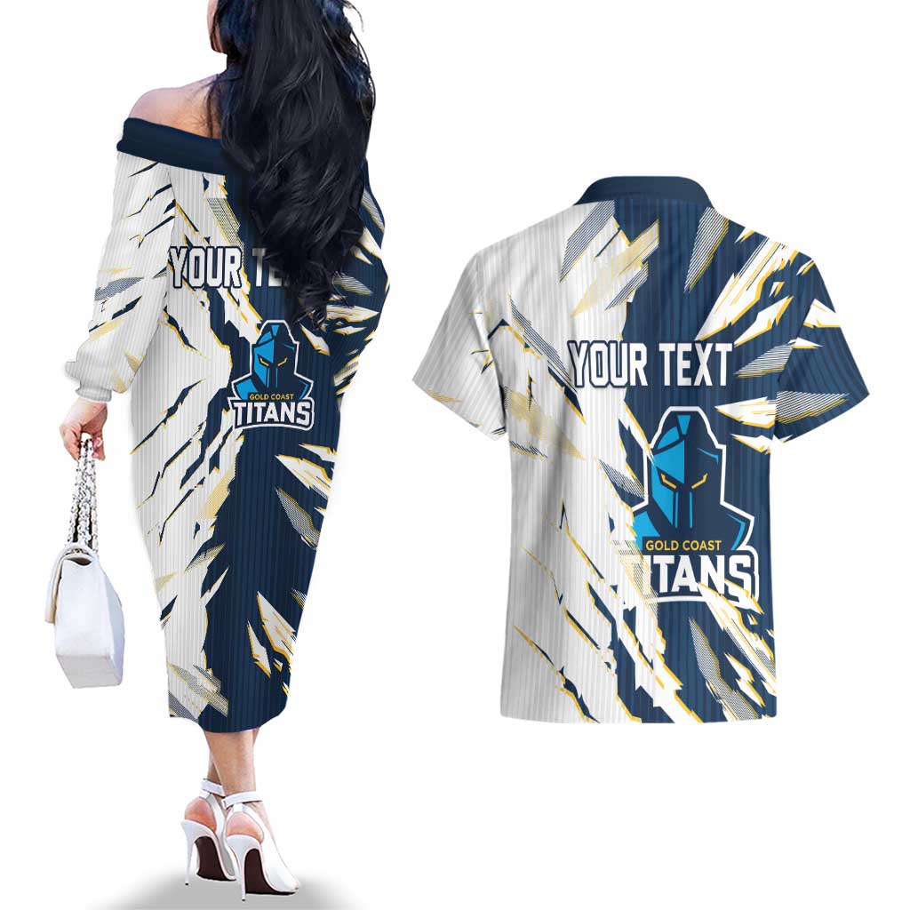 Personalized Gold Coast Titans Couples Matching Off The Shoulder Long Sleeve Dress and Hawaiian Shirt Dynamic Lightning Mascot Rugby Australia