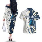 Personalized Gold Coast Titans Couples Matching Off The Shoulder Long Sleeve Dress and Hawaiian Shirt Dynamic Lightning Mascot Rugby Australia