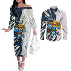 Personalized Gold Coast Titans Couples Matching Off The Shoulder Long Sleeve Dress and Long Sleeve Button Shirt Dynamic Lightning Mascot Rugby Australia
