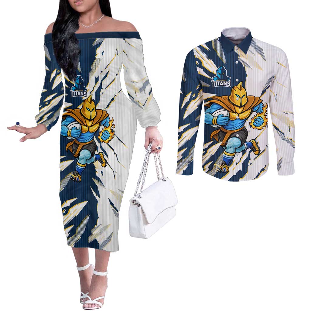 Personalized Gold Coast Titans Couples Matching Off The Shoulder Long Sleeve Dress and Long Sleeve Button Shirt Dynamic Lightning Mascot Rugby Australia