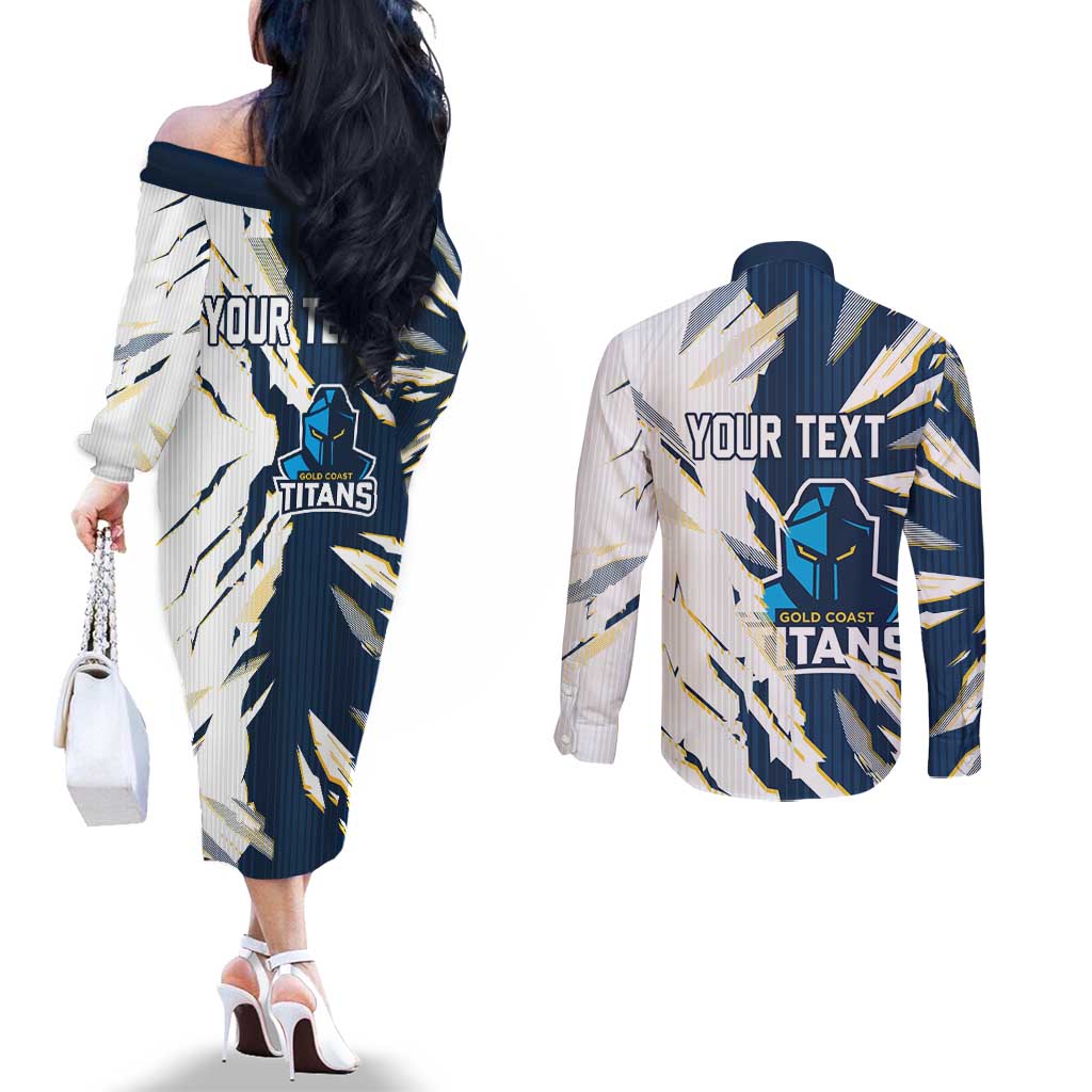 Personalized Gold Coast Titans Couples Matching Off The Shoulder Long Sleeve Dress and Long Sleeve Button Shirt Dynamic Lightning Mascot Rugby Australia