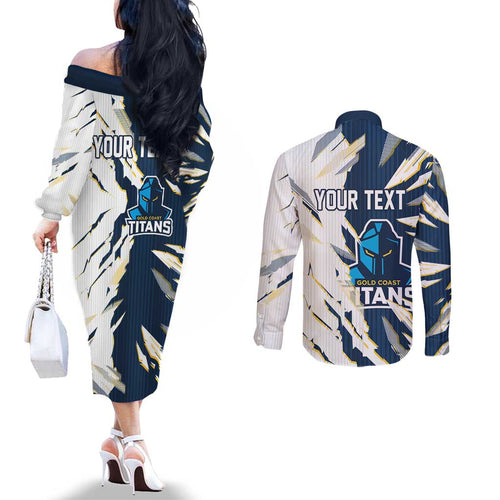 Personalized Gold Coast Titans Couples Matching Off The Shoulder Long Sleeve Dress and Long Sleeve Button Shirt Dynamic Lightning Mascot Rugby Australia