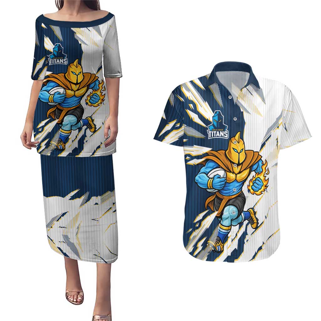 Personalized Gold Coast Titans Couples Matching Puletasi and Hawaiian Shirt Dynamic Lightning Mascot Rugby Australia