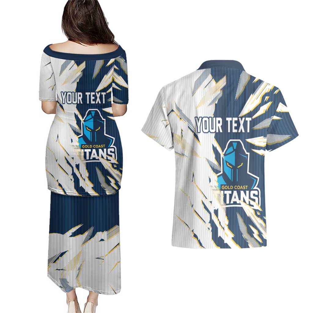 Personalized Gold Coast Titans Couples Matching Puletasi and Hawaiian Shirt Dynamic Lightning Mascot Rugby Australia