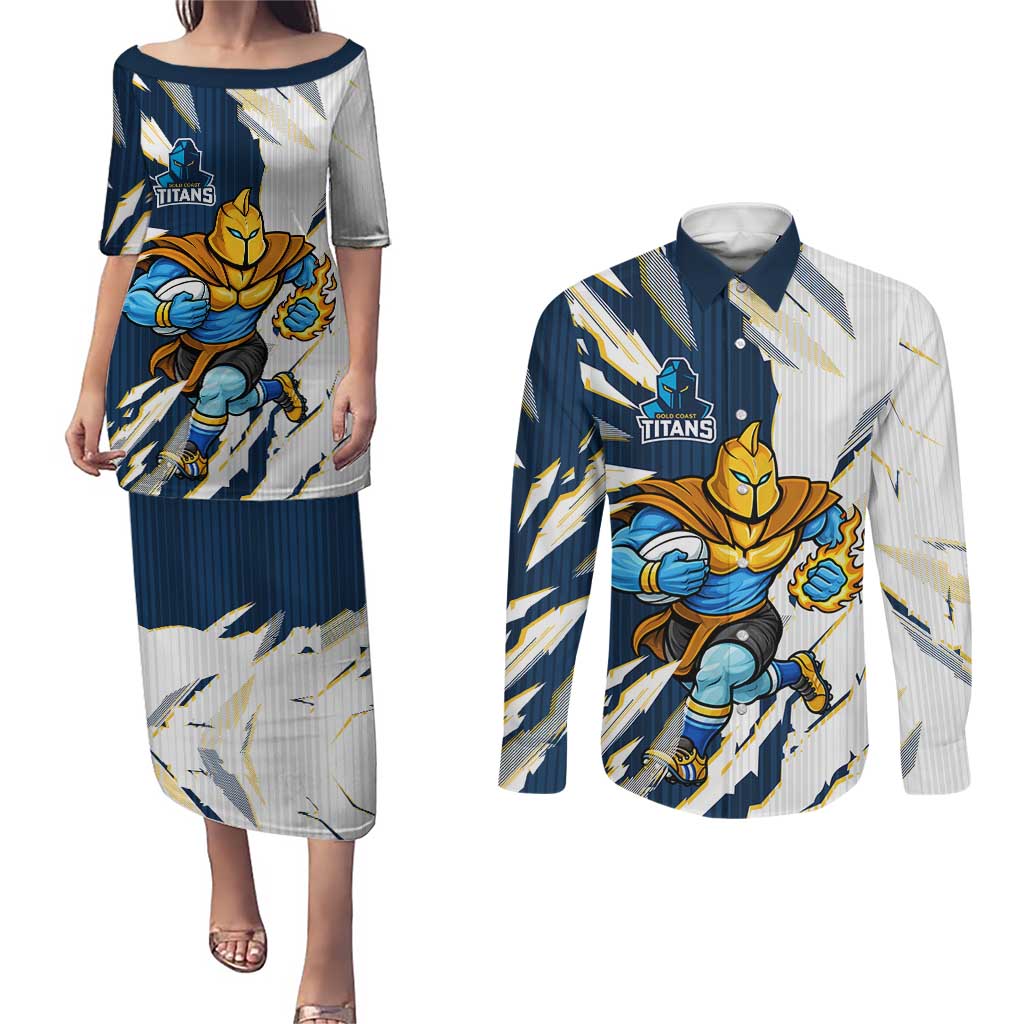 Personalized Gold Coast Titans Couples Matching Puletasi and Long Sleeve Button Shirt Dynamic Lightning Mascot Rugby Australia