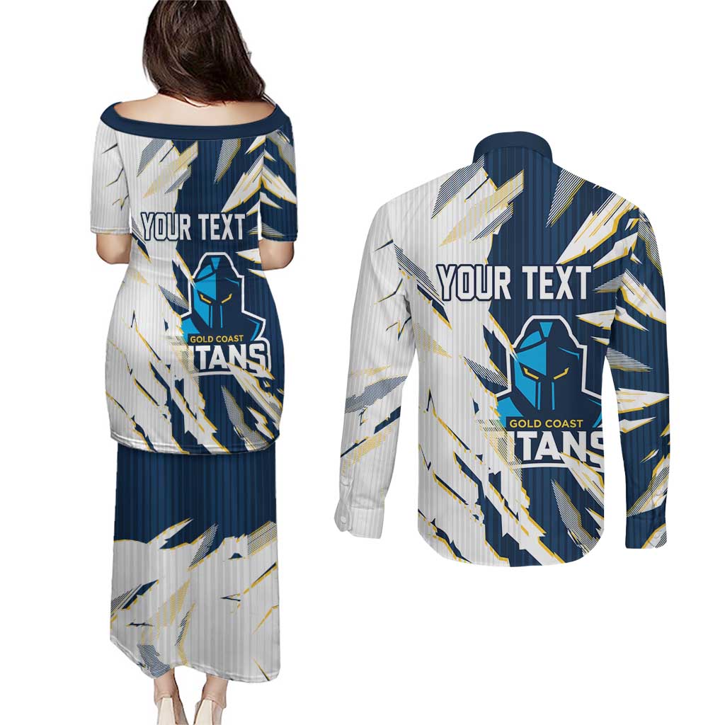 Personalized Gold Coast Titans Couples Matching Puletasi and Long Sleeve Button Shirt Dynamic Lightning Mascot Rugby Australia