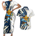 Personalized Gold Coast Titans Couples Matching Short Sleeve Bodycon Dress and Hawaiian Shirt Dynamic Lightning Mascot Rugby Australia