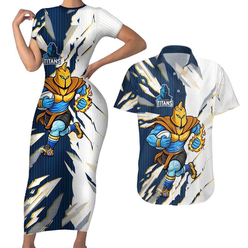 Personalized Gold Coast Titans Couples Matching Short Sleeve Bodycon Dress and Hawaiian Shirt Dynamic Lightning Mascot Rugby Australia