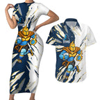 Personalized Gold Coast Titans Couples Matching Short Sleeve Bodycon Dress and Hawaiian Shirt Dynamic Lightning Mascot Rugby Australia