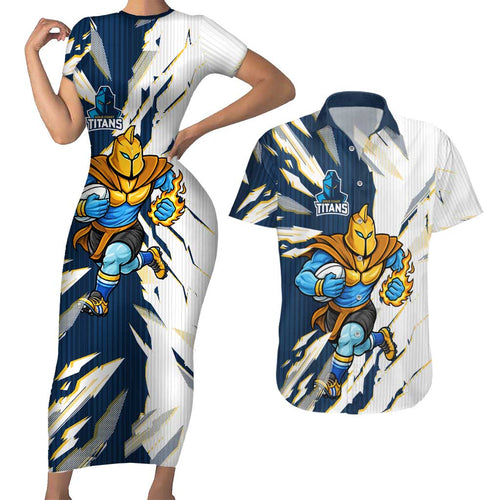 Personalized Gold Coast Titans Couples Matching Short Sleeve Bodycon Dress and Hawaiian Shirt Dynamic Lightning Mascot Rugby Australia