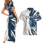 Personalized Gold Coast Titans Couples Matching Short Sleeve Bodycon Dress and Hawaiian Shirt Dynamic Lightning Mascot Rugby Australia