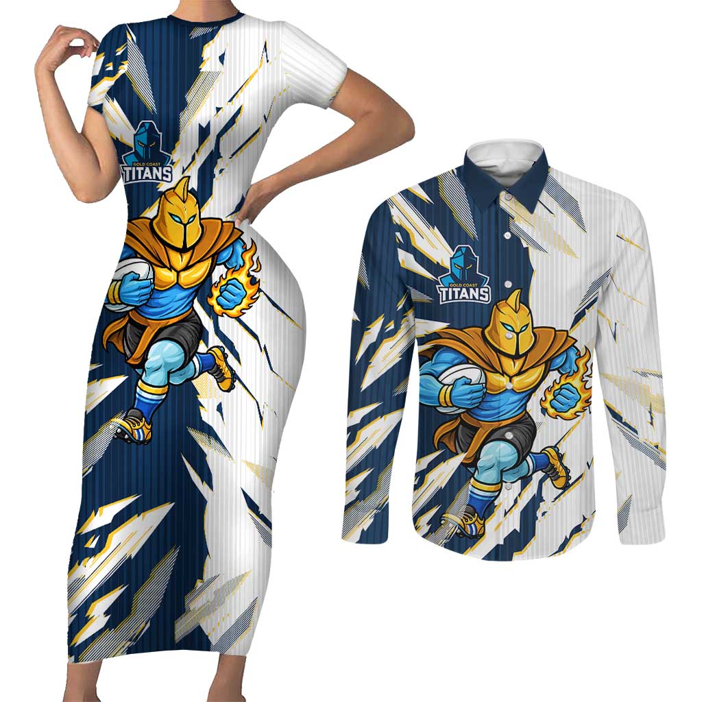 Personalized Gold Coast Titans Couples Matching Short Sleeve Bodycon Dress and Long Sleeve Button Shirt Dynamic Lightning Mascot Rugby Australia