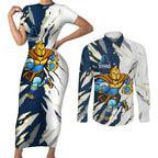 Personalized Gold Coast Titans Couples Matching Short Sleeve Bodycon Dress and Long Sleeve Button Shirt Dynamic Lightning Mascot Rugby Australia