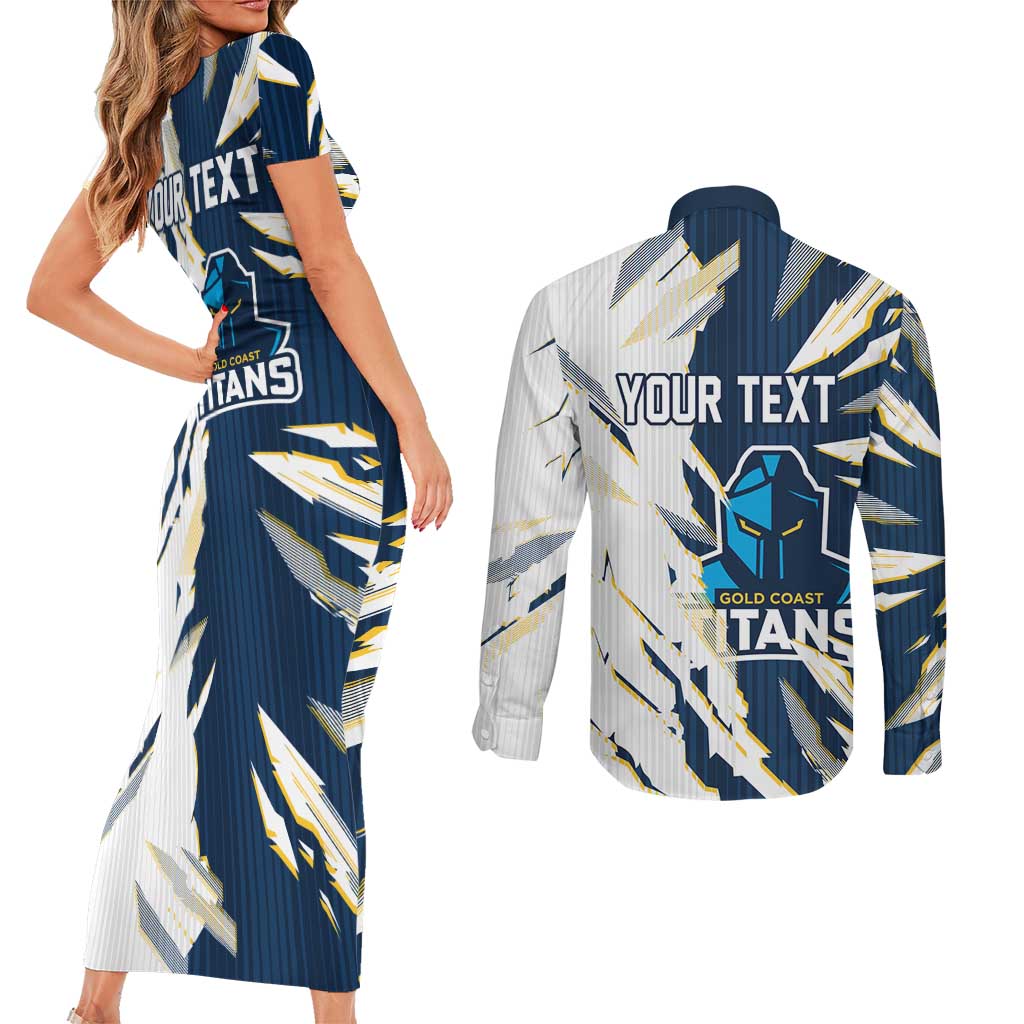 Personalized Gold Coast Titans Couples Matching Short Sleeve Bodycon Dress and Long Sleeve Button Shirt Dynamic Lightning Mascot Rugby Australia
