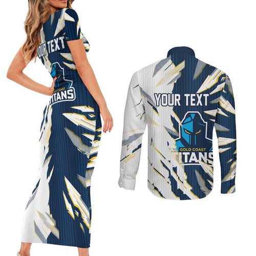Personalized Gold Coast Titans Couples Matching Short Sleeve Bodycon Dress and Long Sleeve Button Shirt Dynamic Lightning Mascot Rugby Australia