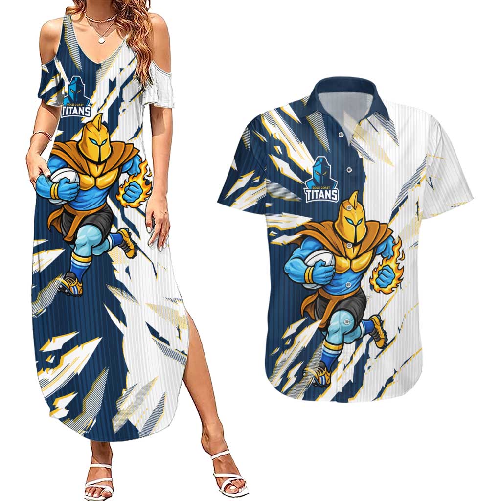 Personalized Gold Coast Titans Couples Matching Summer Maxi Dress and Hawaiian Shirt Dynamic Lightning Mascot Rugby Australia