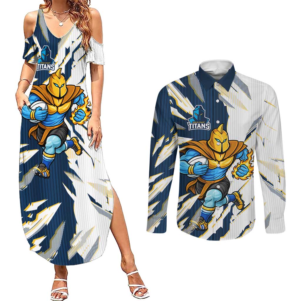 Personalized Gold Coast Titans Couples Matching Summer Maxi Dress and Long Sleeve Button Shirt Dynamic Lightning Mascot Rugby Australia