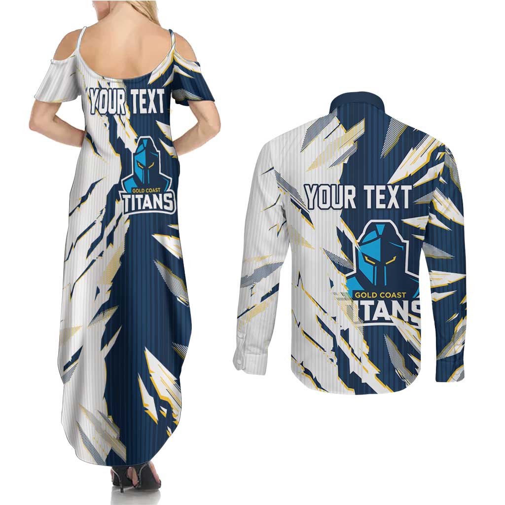 Personalized Gold Coast Titans Couples Matching Summer Maxi Dress and Long Sleeve Button Shirt Dynamic Lightning Mascot Rugby Australia