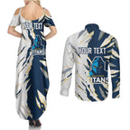 Personalized Gold Coast Titans Couples Matching Summer Maxi Dress and Long Sleeve Button Shirt Dynamic Lightning Mascot Rugby Australia