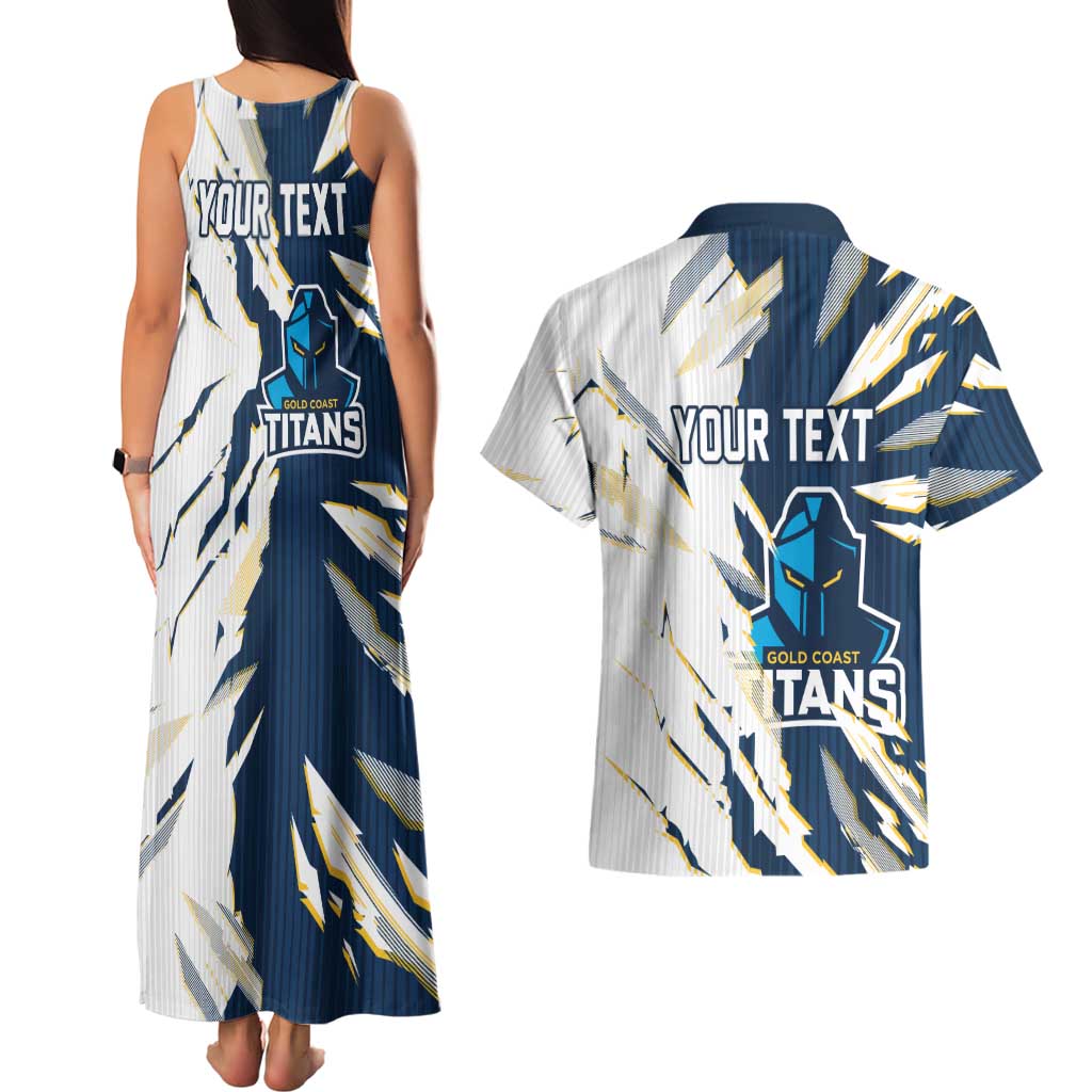 Personalized Gold Coast Titans Couples Matching Tank Maxi Dress and Hawaiian Shirt Dynamic Lightning Mascot Rugby Australia