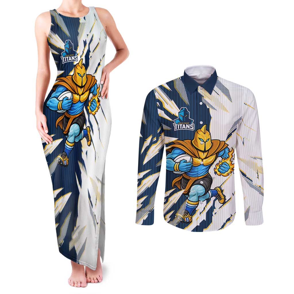 Personalized Gold Coast Titans Couples Matching Tank Maxi Dress and Long Sleeve Button Shirt Dynamic Lightning Mascot Rugby Australia
