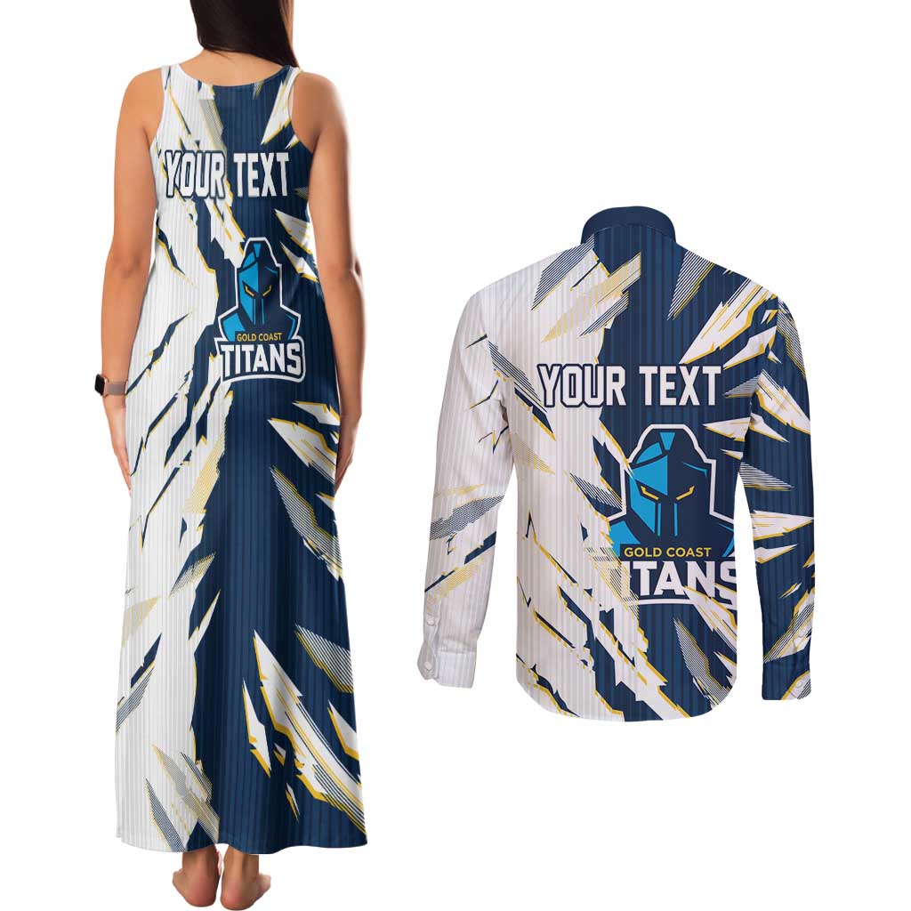 Personalized Gold Coast Titans Couples Matching Tank Maxi Dress and Long Sleeve Button Shirt Dynamic Lightning Mascot Rugby Australia