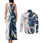 Personalized Gold Coast Titans Couples Matching Tank Maxi Dress and Long Sleeve Button Shirt Dynamic Lightning Mascot Rugby Australia