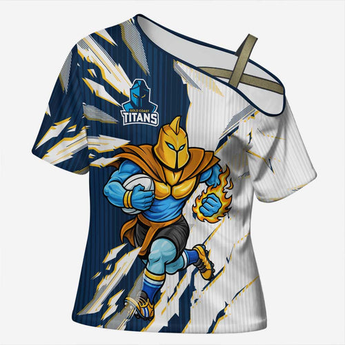 Personalized Gold Coast Titans Cross Shoulder Shirt Dynamic Lightning Mascot Rugby Australia