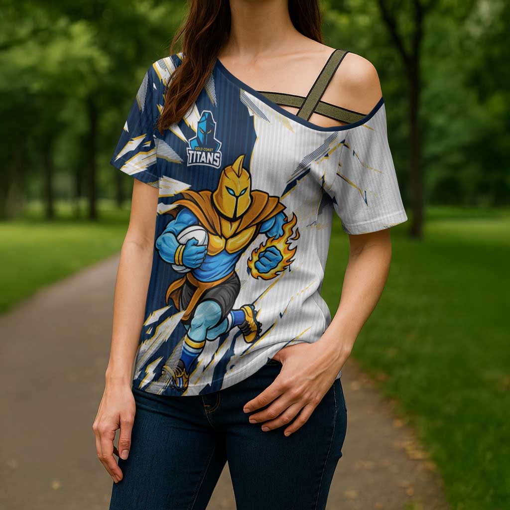 Personalized Gold Coast Titans Cross Shoulder Shirt Dynamic Lightning Mascot Rugby Australia