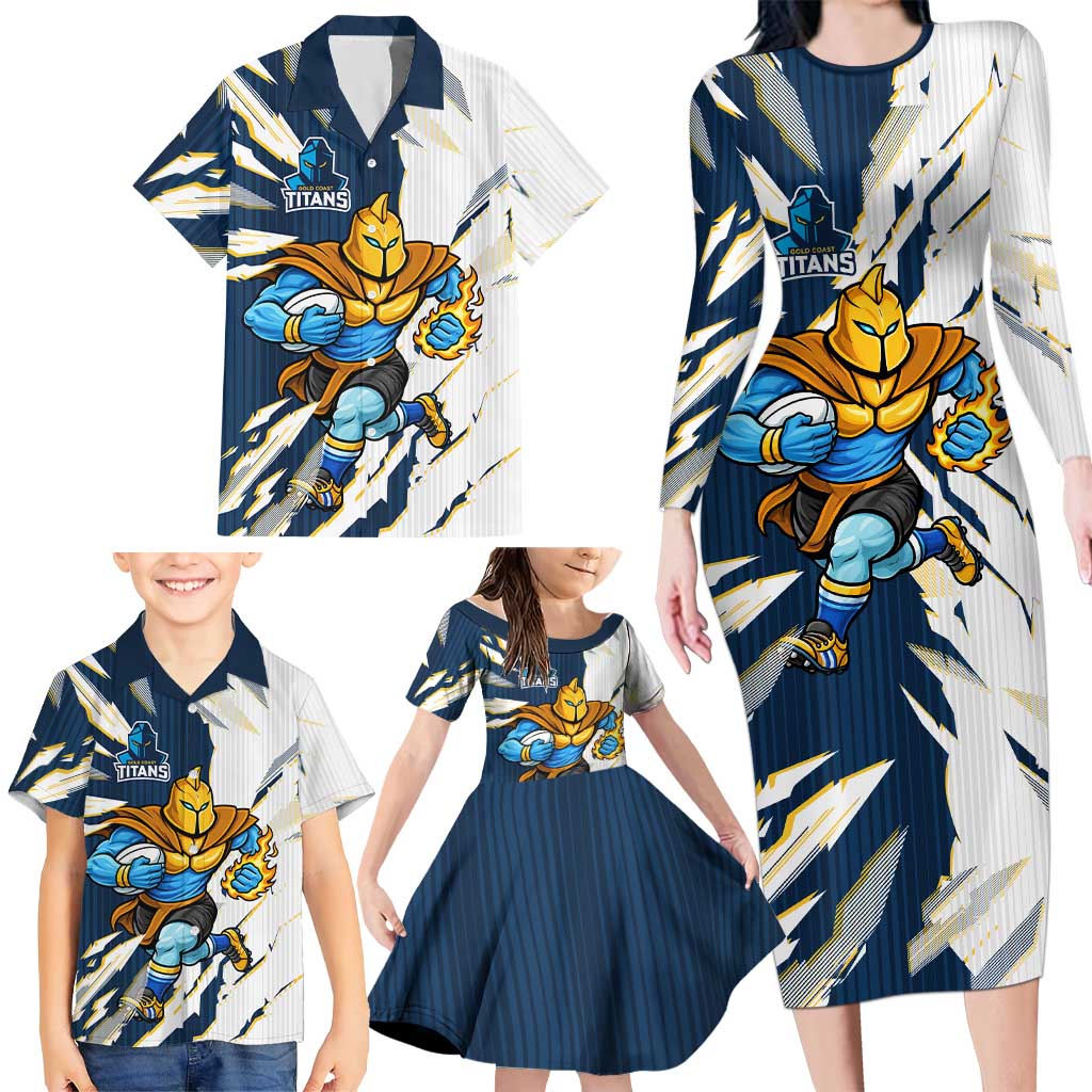 Personalized Gold Coast Titans Family Matching Long Sleeve Bodycon Dress and Hawaiian Shirt Dynamic Lightning Mascot Rugby Australia