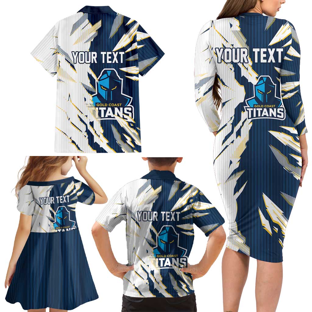 Personalized Gold Coast Titans Family Matching Long Sleeve Bodycon Dress and Hawaiian Shirt Dynamic Lightning Mascot Rugby Australia