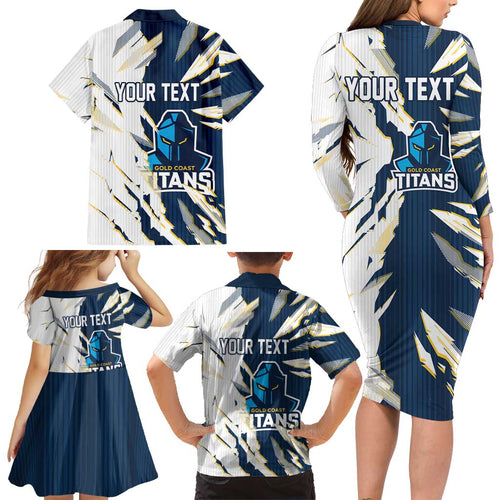 Personalized Gold Coast Titans Family Matching Long Sleeve Bodycon Dress and Hawaiian Shirt Dynamic Lightning Mascot Rugby Australia