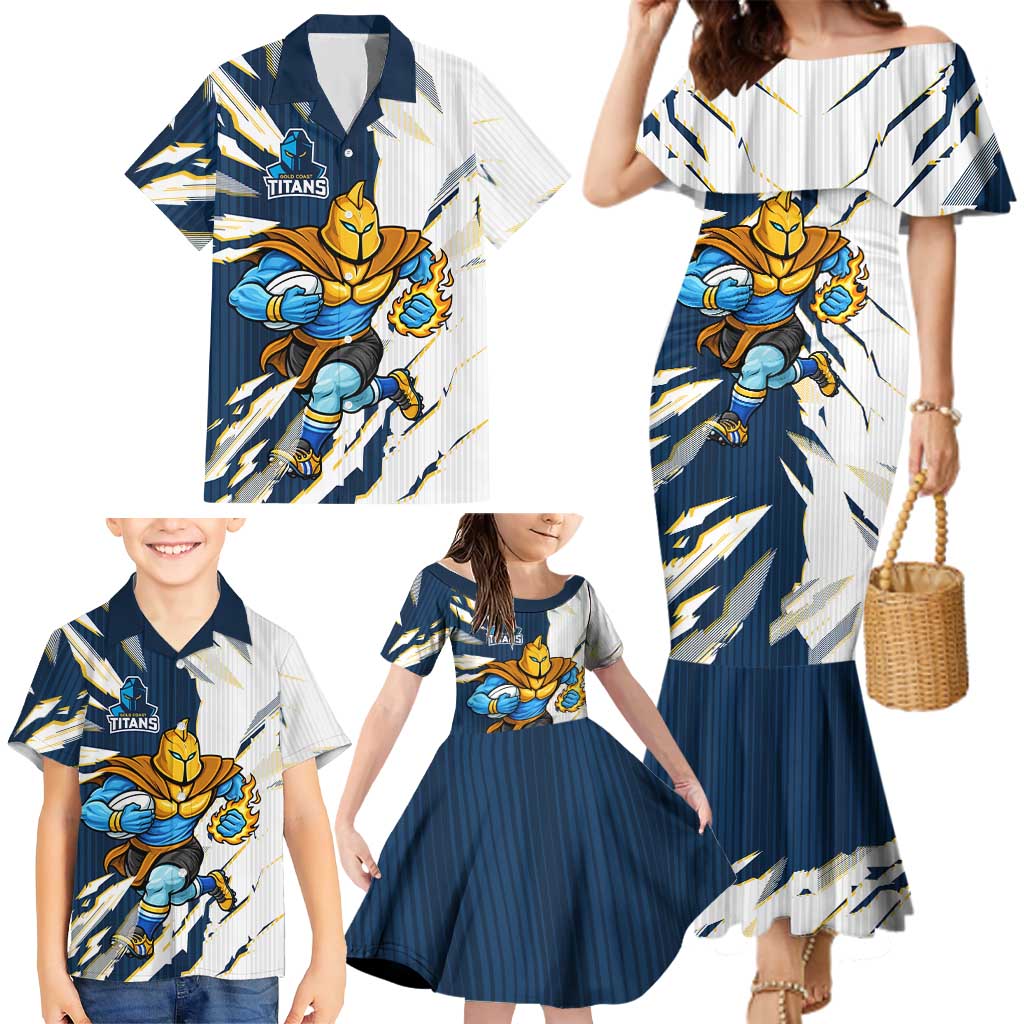 Personalized Gold Coast Titans Family Matching Mermaid Dress and Hawaiian Shirt Dynamic Lightning Mascot Rugby Australia
