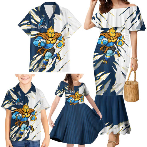 Personalized Gold Coast Titans Family Matching Mermaid Dress and Hawaiian Shirt Dynamic Lightning Mascot Rugby Australia