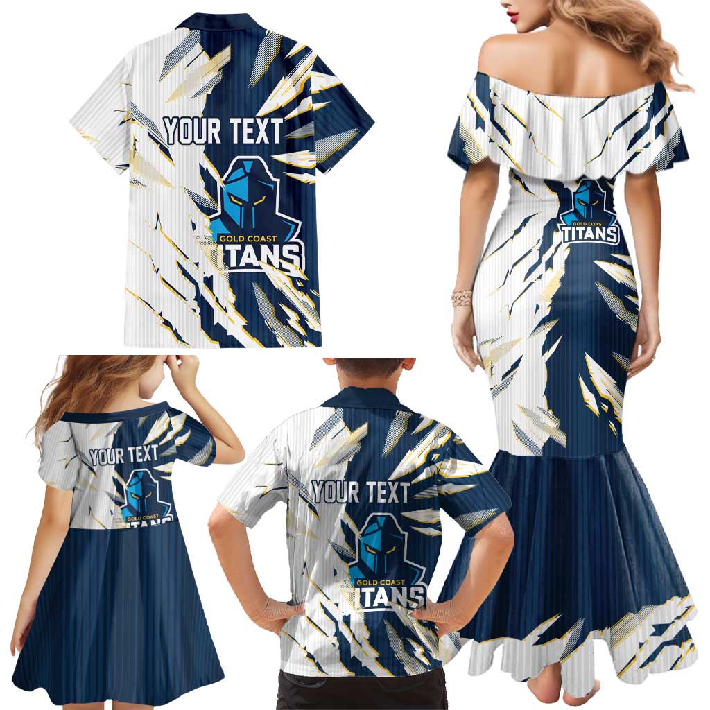 Personalized Gold Coast Titans Family Matching Mermaid Dress and Hawaiian Shirt Dynamic Lightning Mascot Rugby Australia